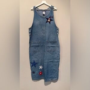Vintage True Blue Dress Women L Blue Maxi Overall Denim Y2K Flag USA Stars